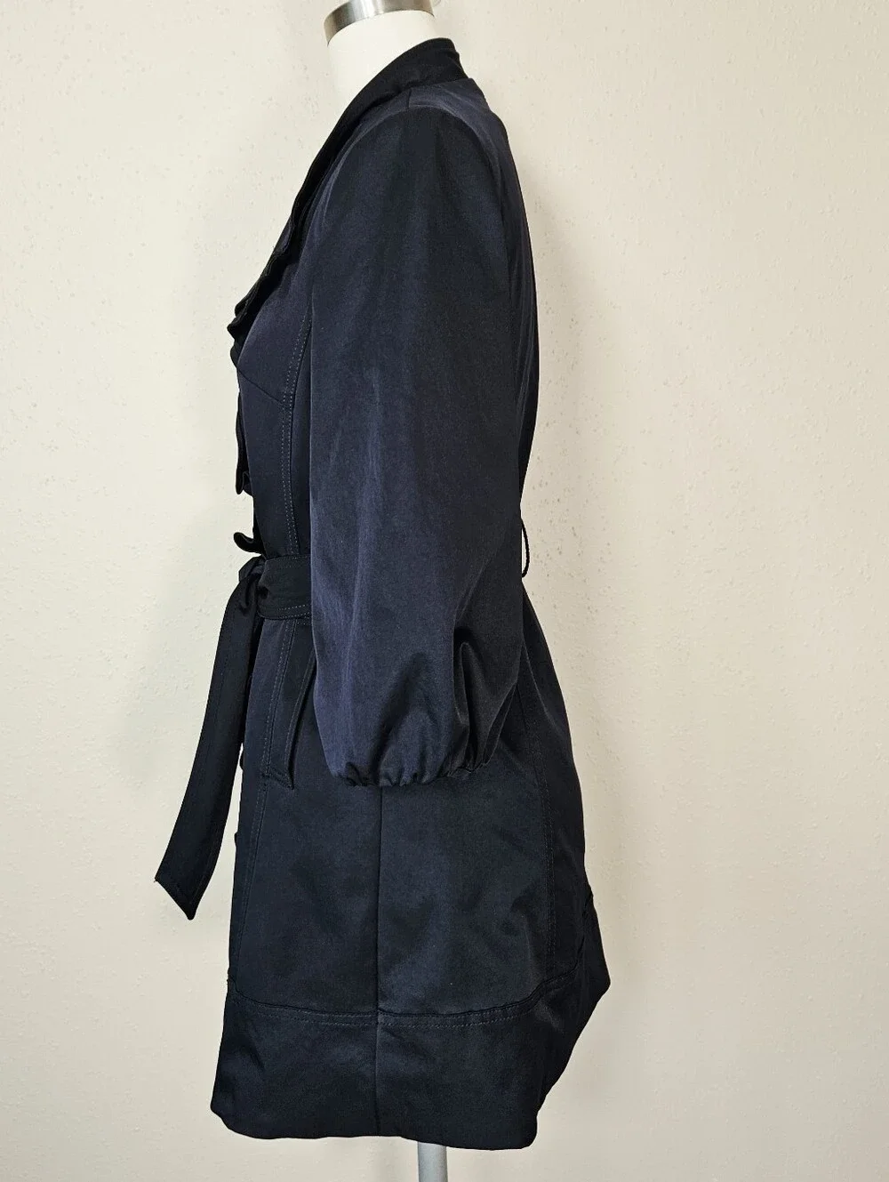 Anthropologie Idra Whimsy Ruffle Belted Trench Coat Navy Blue Size 2